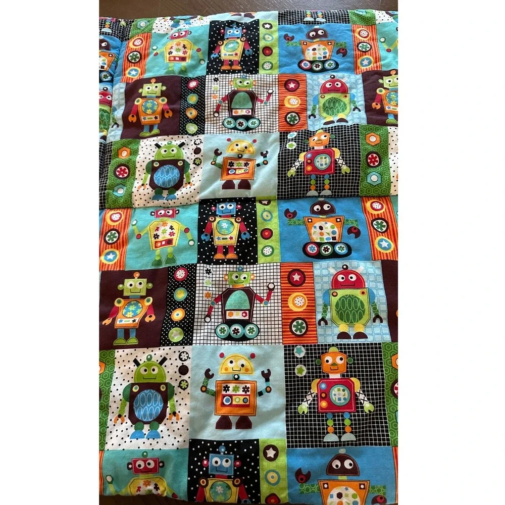 Handmade Robot Quilted Baby Blanket Colorful Nursery Stroller Quilt 40 x 28